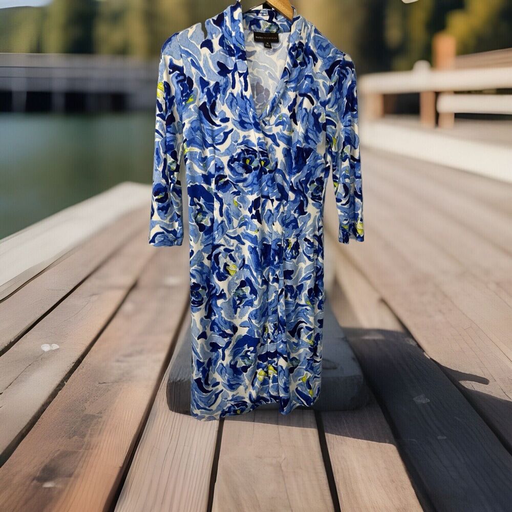 Dana Buchman‎ Dress Faux Wrap Knee Length V Neck Floral Blue White XS Romantic